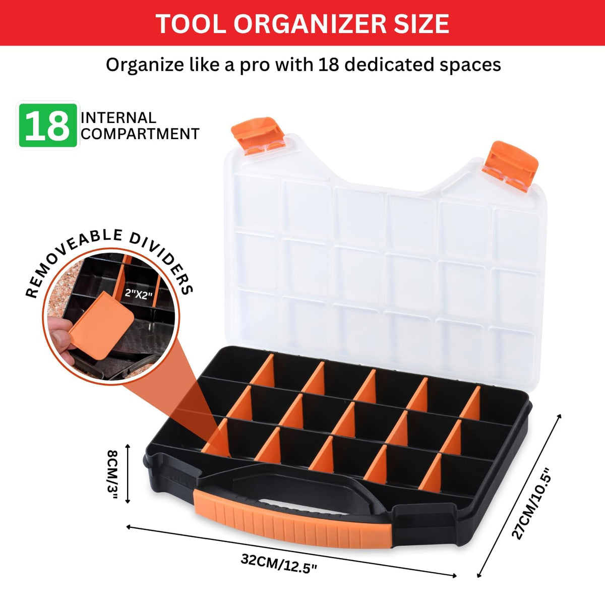 18-Compartment Portable Plastic Hardware Organizer Box J8723