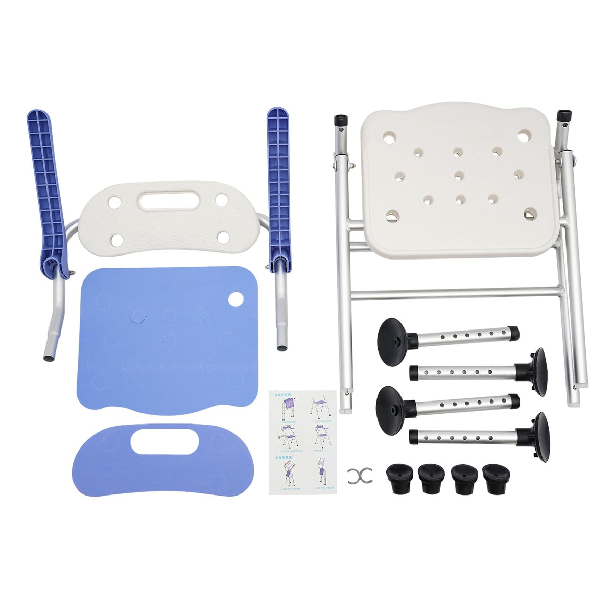 Folding Shower Seat with Arms and Back, Height Adjustable Non-Slip Bath Bench, 330lbs Capacity, Blue W25445