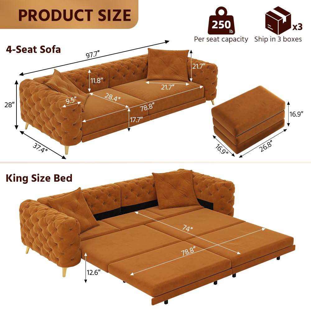 Orange Velvet Convertible Sleeper Sofa with Ottoman J949000