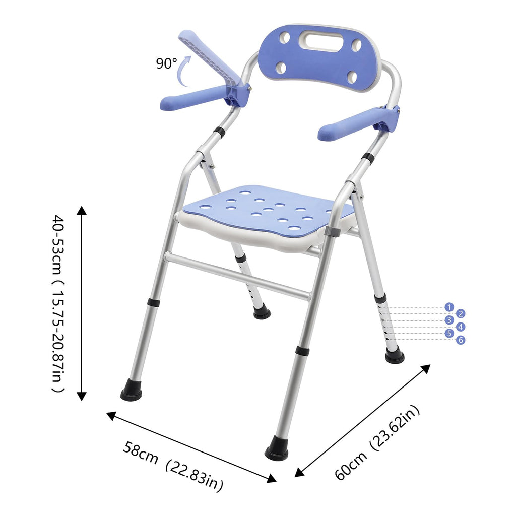Folding Shower Seat with Arms and Back, Height Adjustable Non-Slip Bath Bench, 330lbs Capacity, Blue W25445