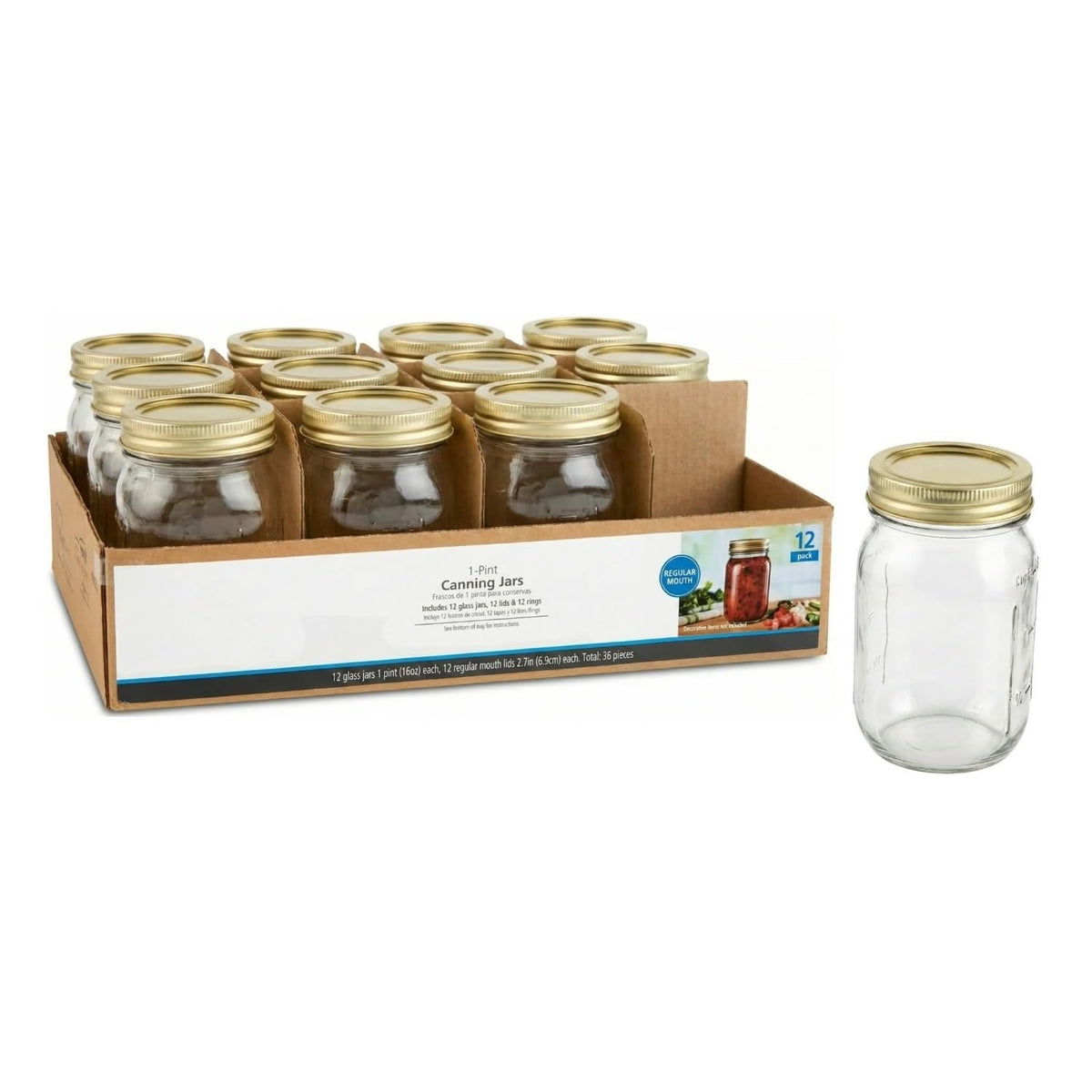 16 oz Regular Mouth Glass Mason Jars 12pk N82050