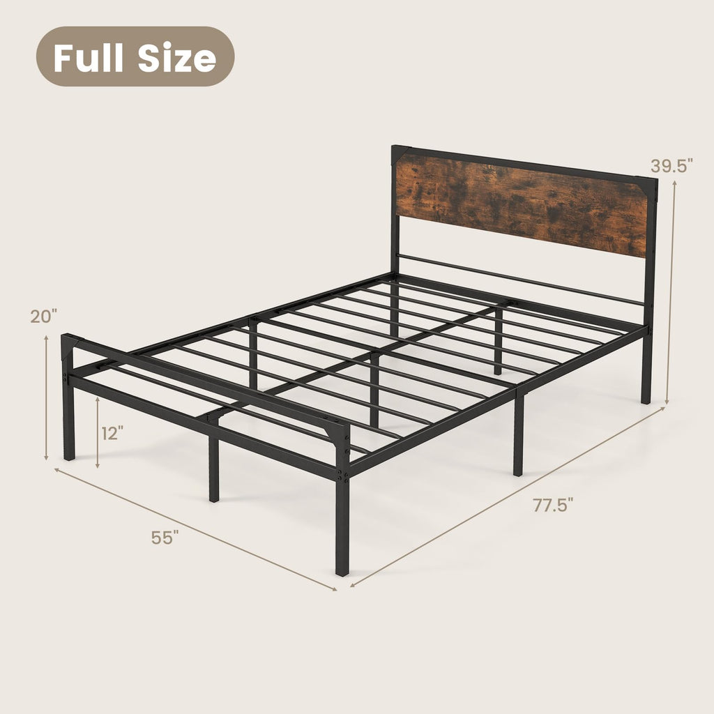 Full Size Metal Platform Bed Frame with Rustic Headboard D1368