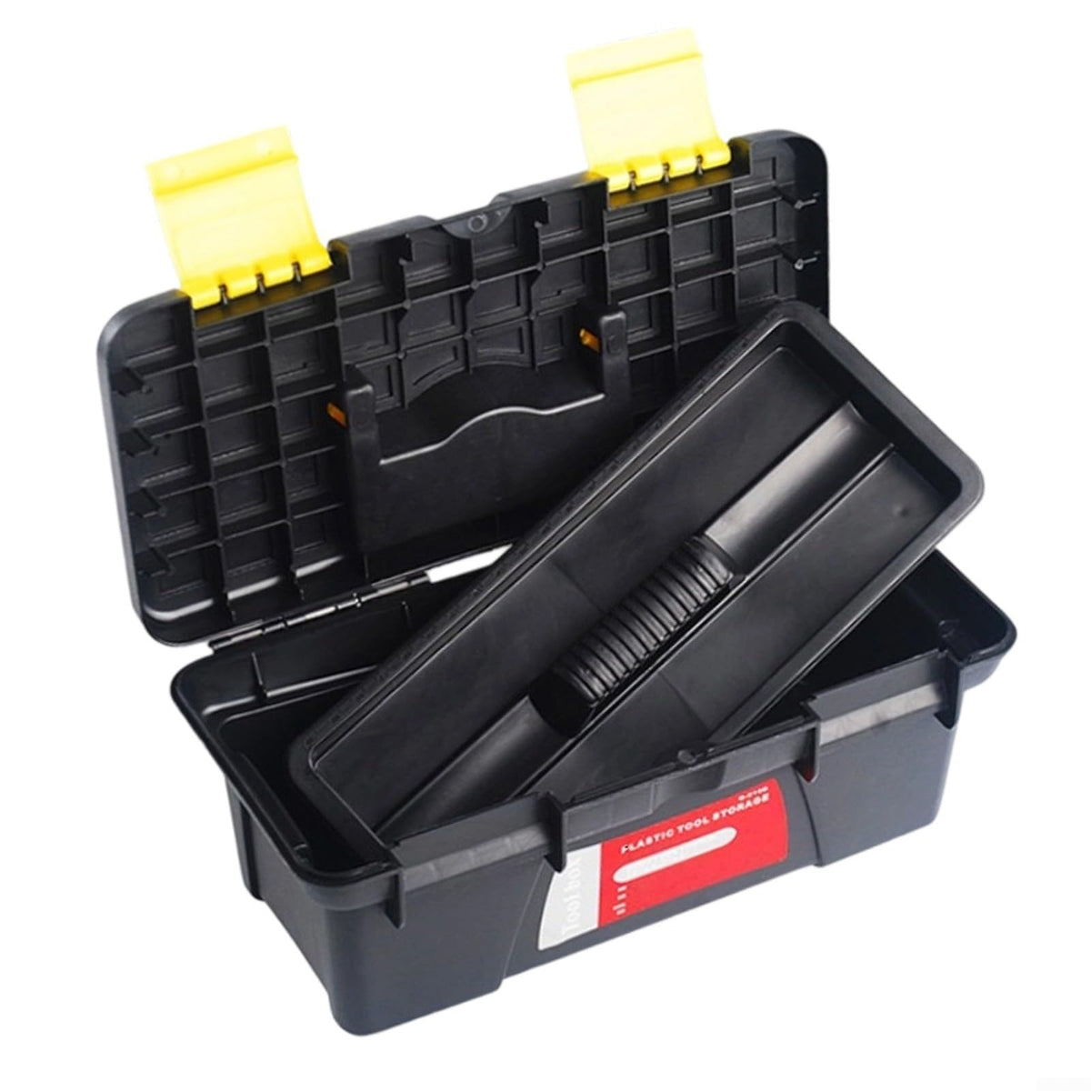 10 Inch Plastic Toolbox with Dual Layer Organization and Secure Latch, Black Z4677