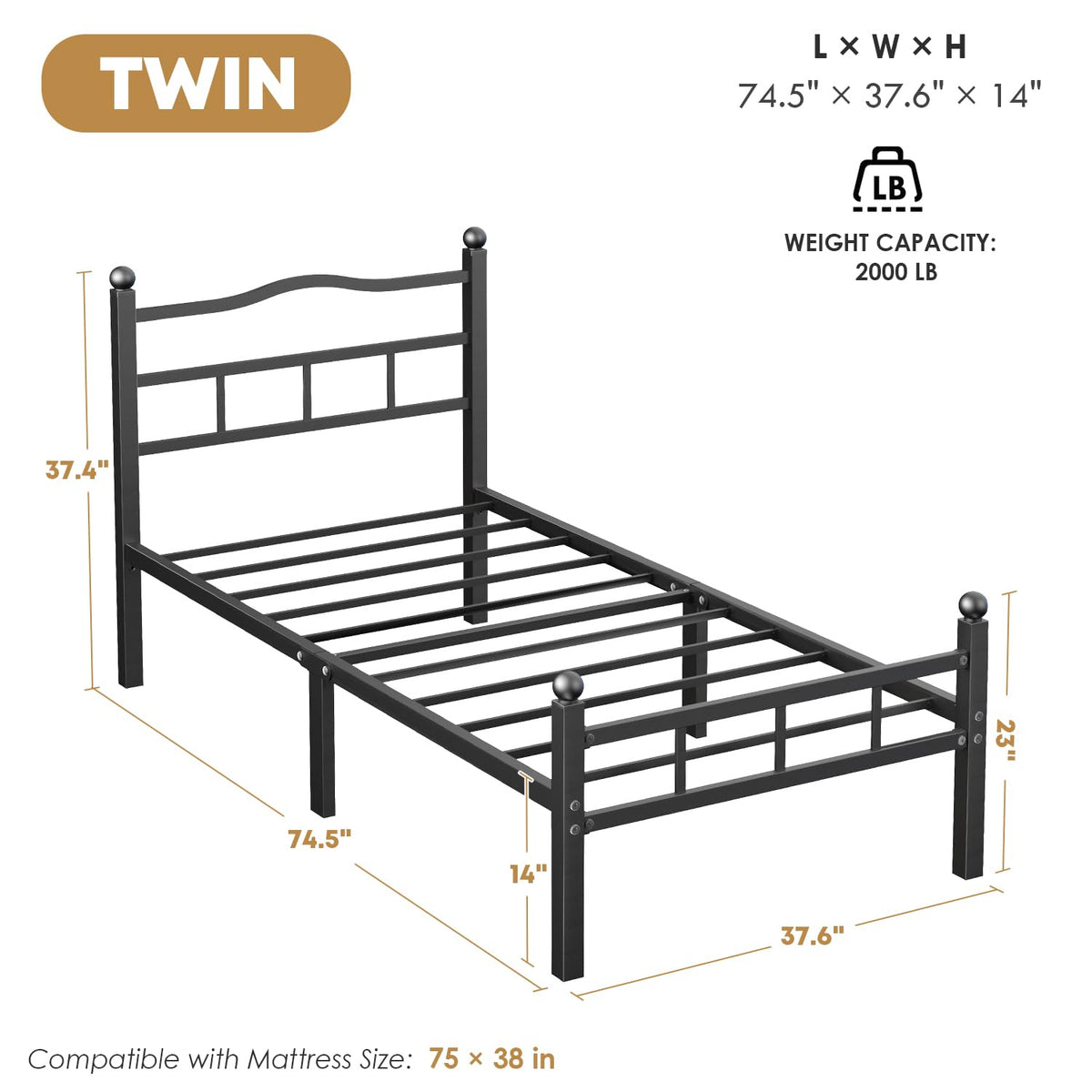 14 Inch Twin Bed Frame with Headboard and Footboard X2984