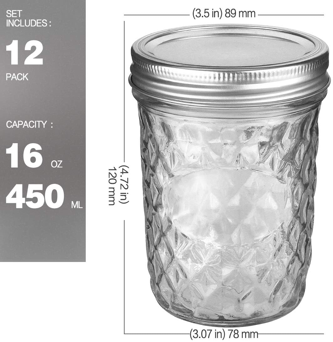 12 Packs 16oz Wide Mouth Mason Jars with Lids and Bands I6334