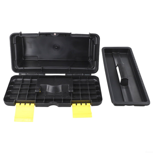 10 Inch Plastic Toolbox with Dual Layer Organization and Secure Latch, Black Z4677