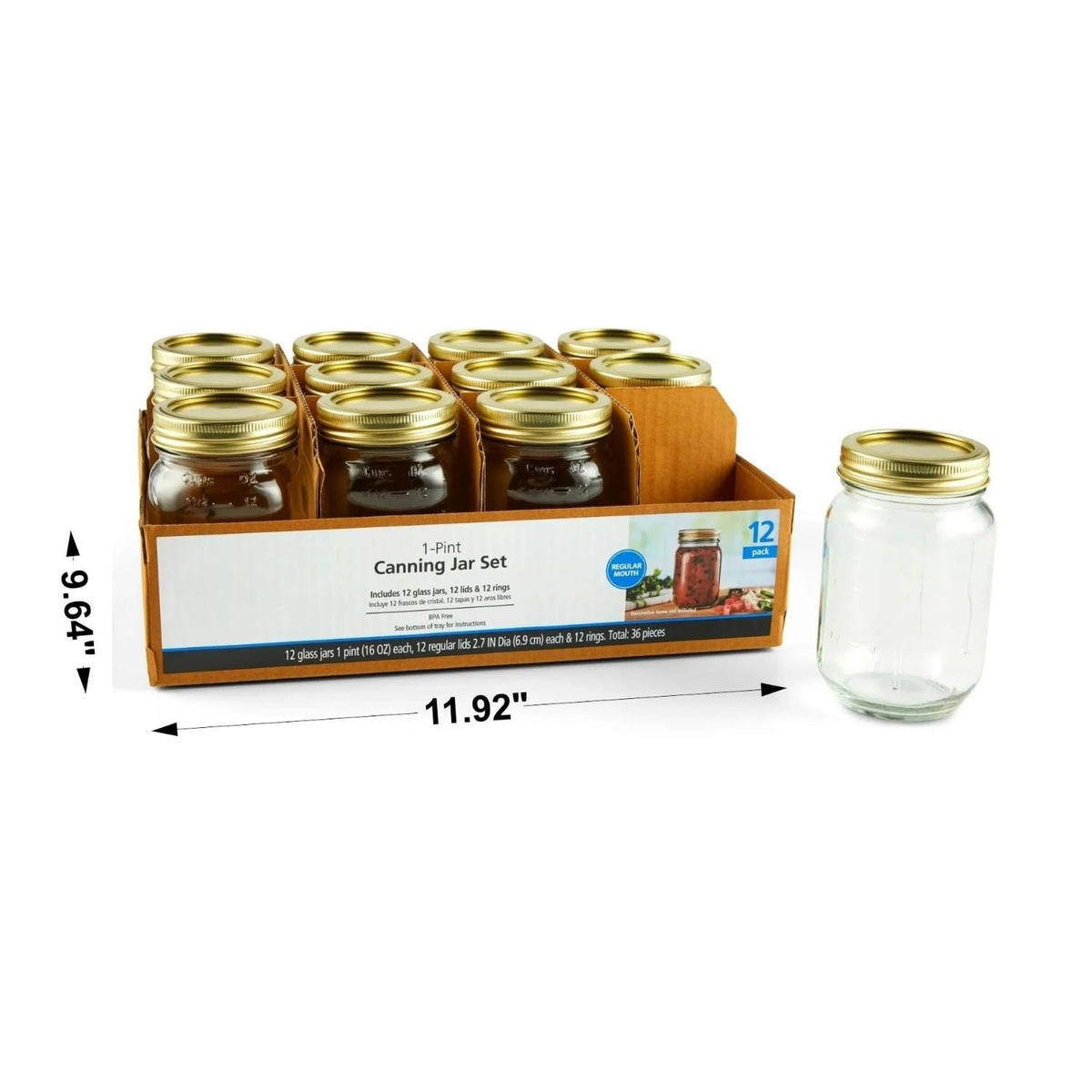 16 oz Regular Mouth Glass Mason Jars 12pk N82050