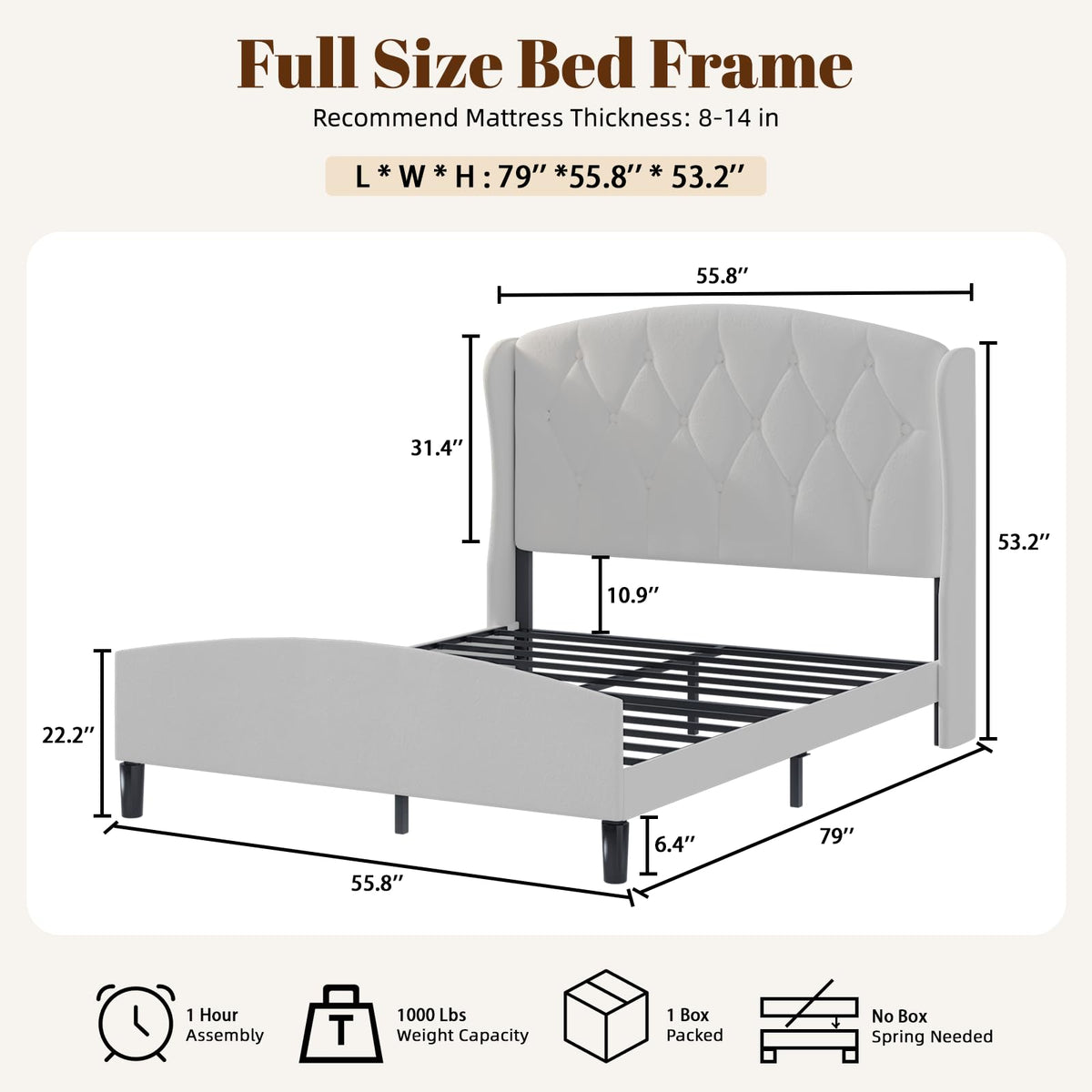 Full Size Bed Frame with Tufted Wingback Headboard & Footboard X420979