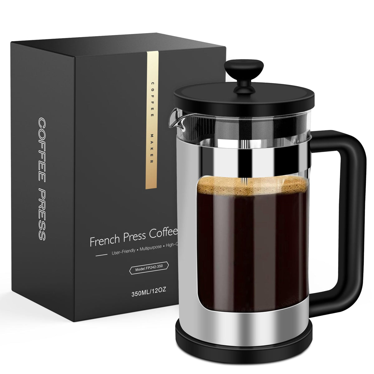 French Press Coffee Maker 12 Oz Borosilicate Glass L883