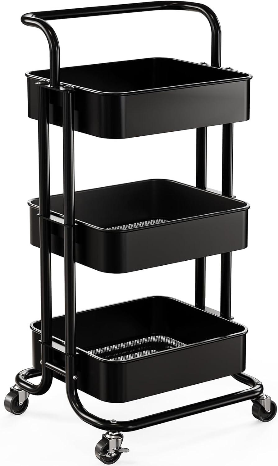 3 Tier Rolling Cart with Handle & 2 Lockable Wheels E259833