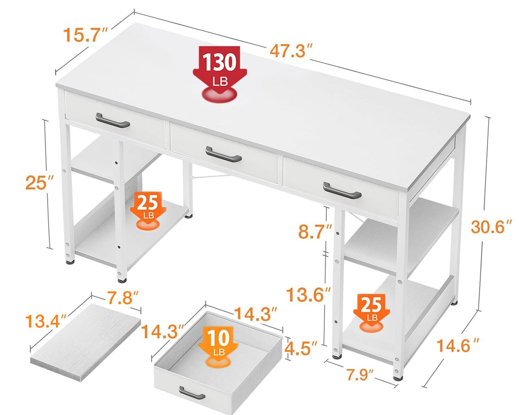 White 48" Computer Desk with Fabric Drawers and Storage Shelves X6652