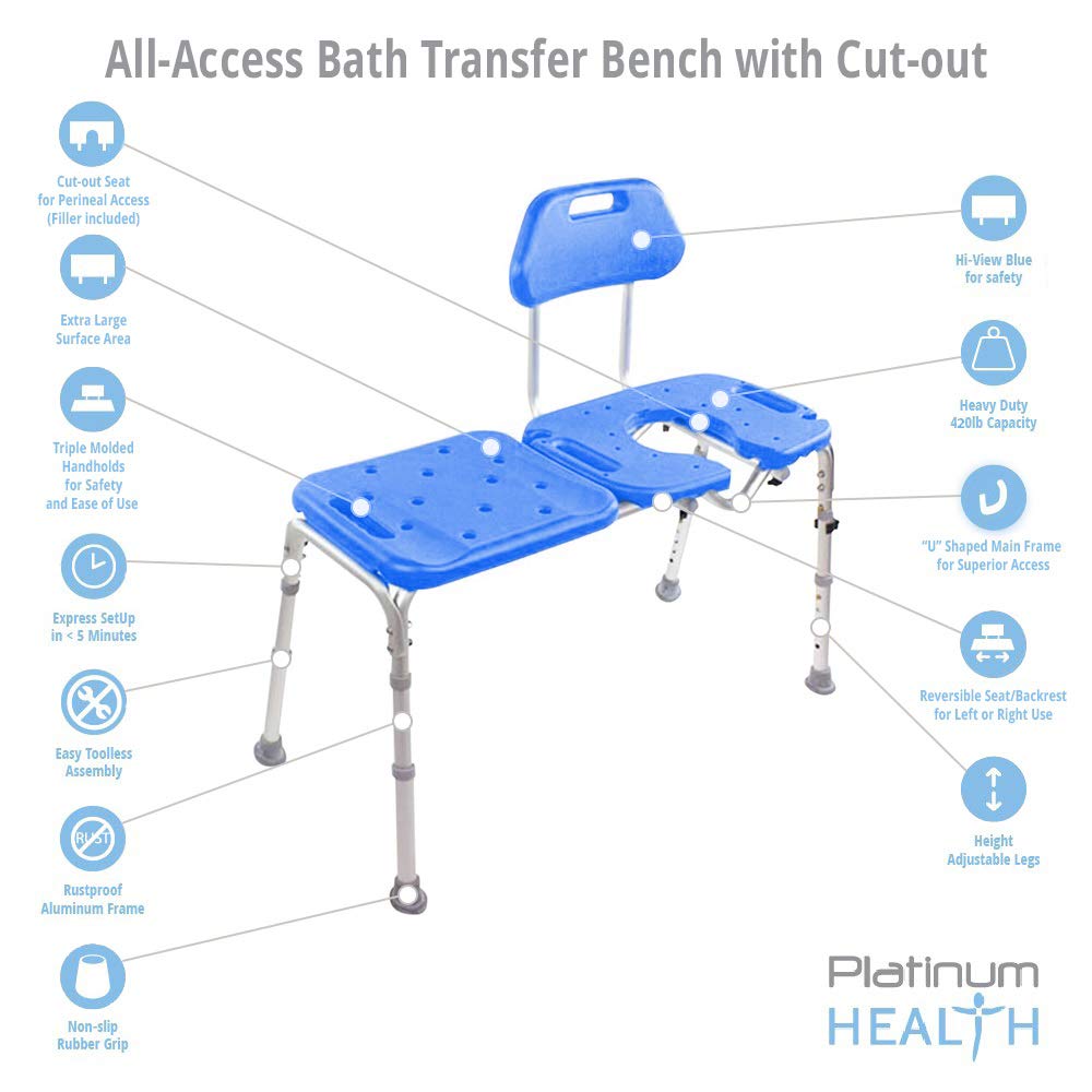 Bath Transfer Bench with Cutout Shower Seat, Adjustable Height, Blue B4274
