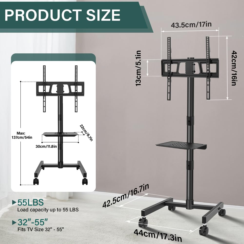 Rolling TV Stand with Wheels for 32-55Inch Screens up to 55lbs Black E93762