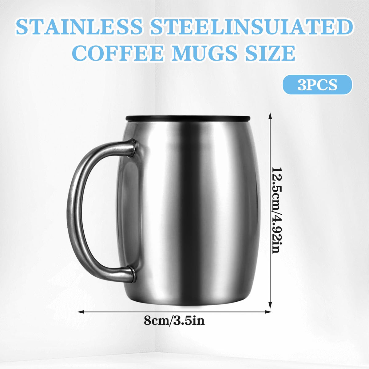3 Pack 14 oz Insulated Stainless Steel Coffee Mug with Lid and Handle P746