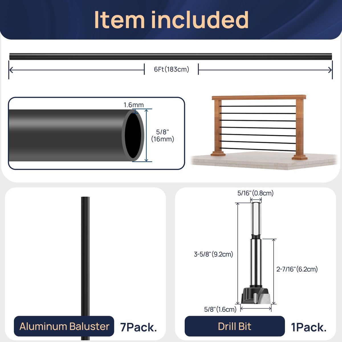 7 Pack 6 FT x 5/8 inch Aluminum Horizontal Baluster with Drill Bit R53908