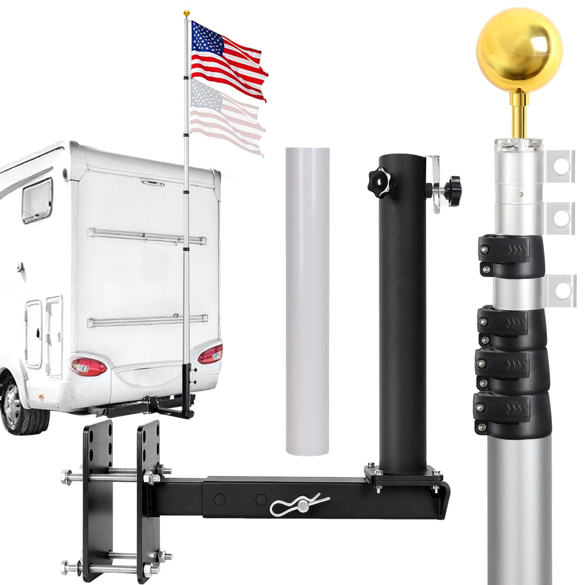16FT Silver Thickened Aluminum RV Flagpole C286