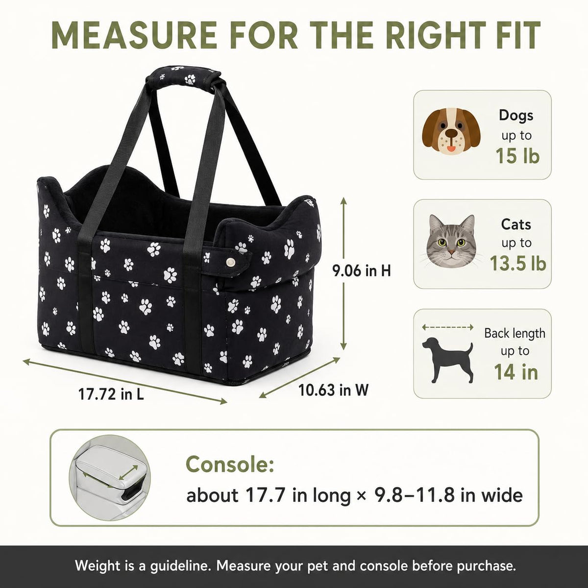 Center Console Dog Car Seat for Small Dogs Under 15 lbs Black F413