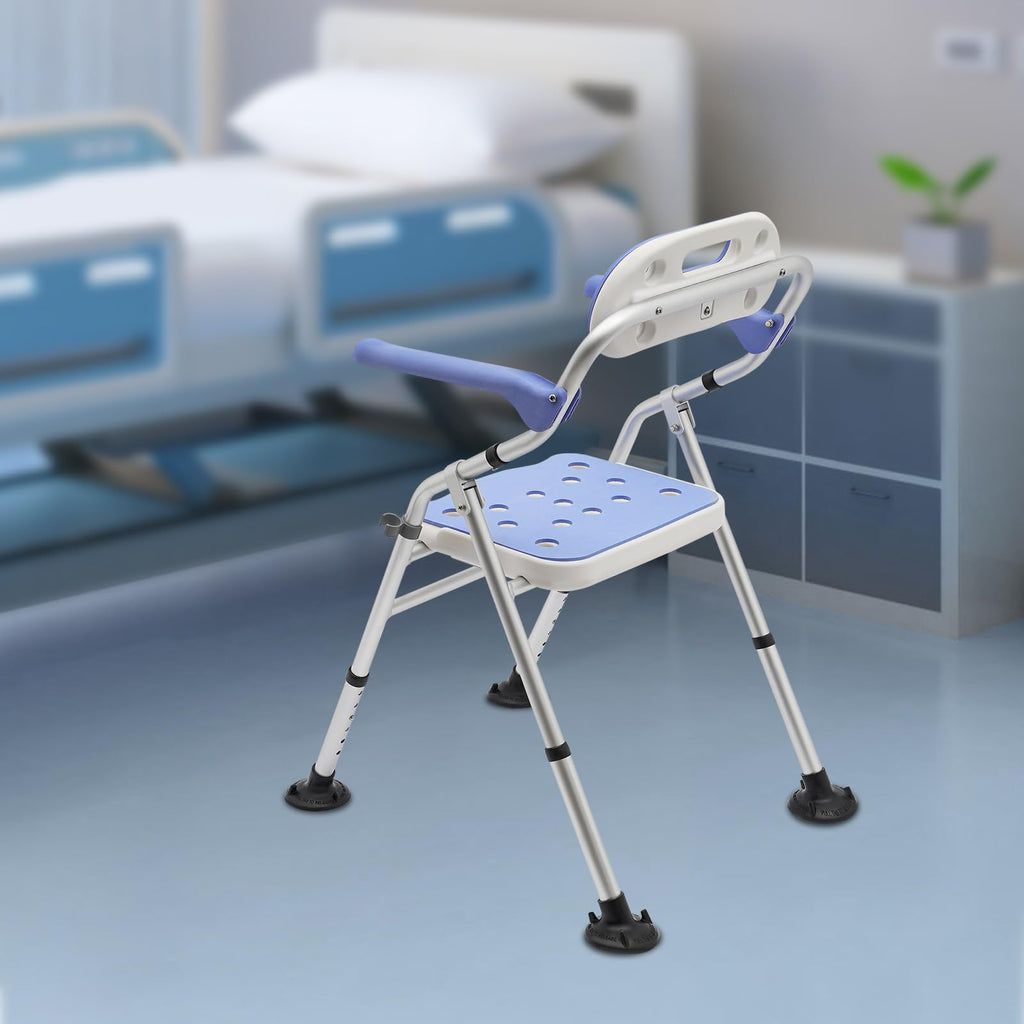 Folding Shower Seat with Arms and Back, Height Adjustable Non-Slip Bath Bench, 330lbs Capacity, Blue W25445
