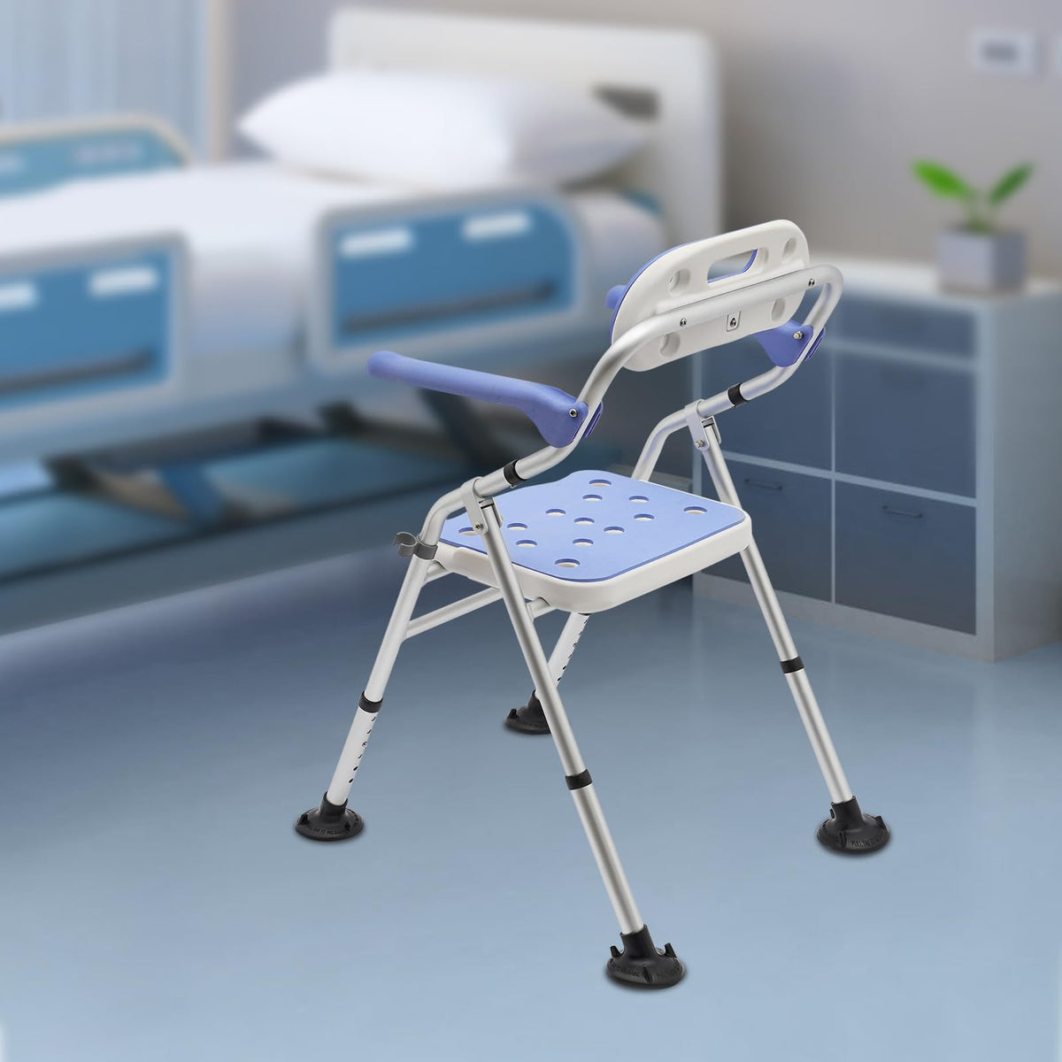 Folding Shower Seat with Arms and Back, Height Adjustable Non-Slip Bath Bench, 330lbs Capacity, Blue W25445