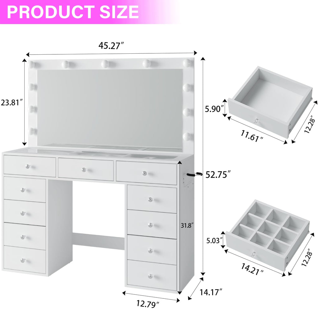 45" Large White Vanity Desk with RGB Lighting Y1296