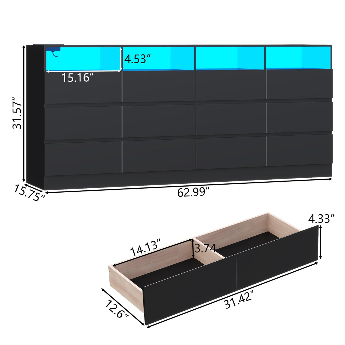 6 Drawer Dresser with Power Outlet and LED Lights Z528