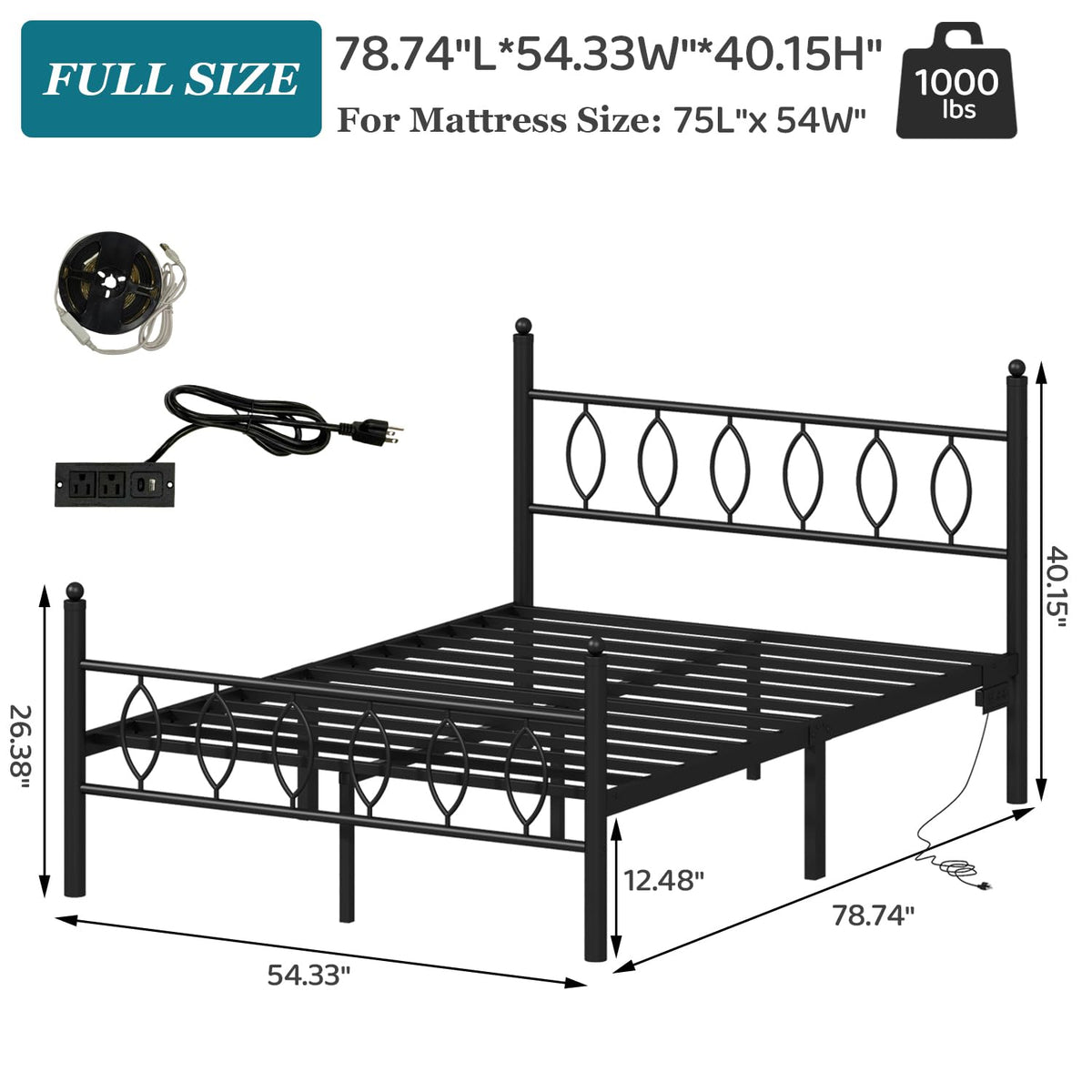 Black Metal Full Size Bed Frame with Headboard and Charging Station A95768