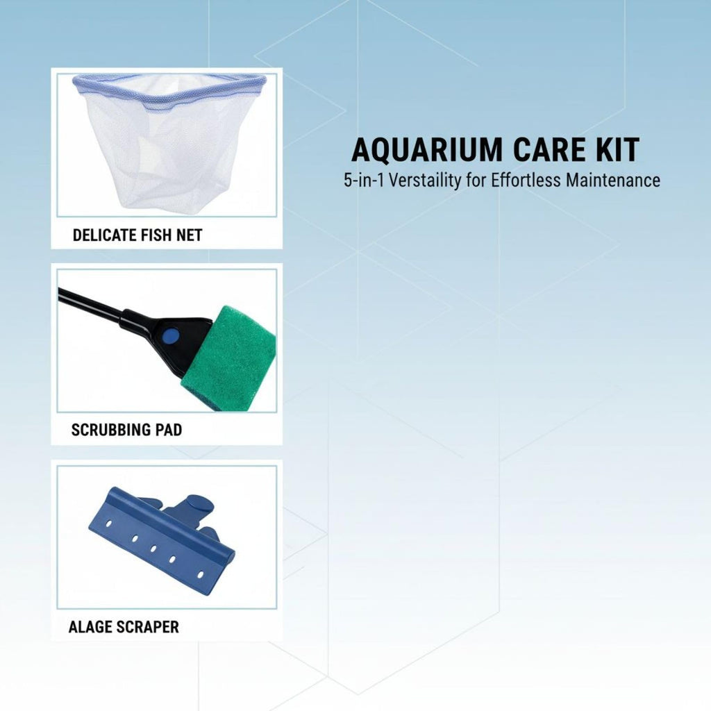 5 in 1 Aquarium Cleaning Kit with Algae Scraper Gravel Rake Fish Net and Brush H359