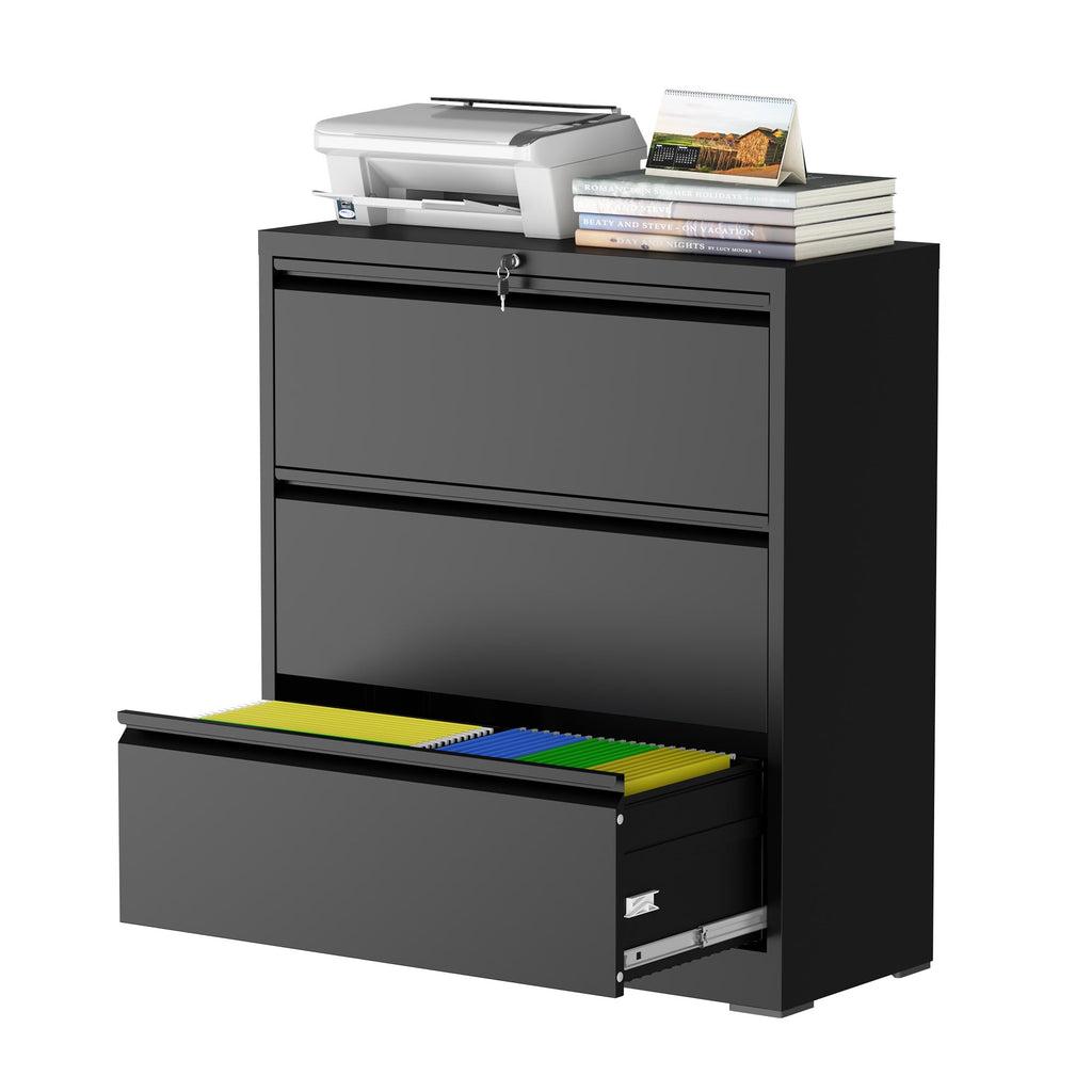 Black 3 Drawer Metal File Cabinet with Lock B8092