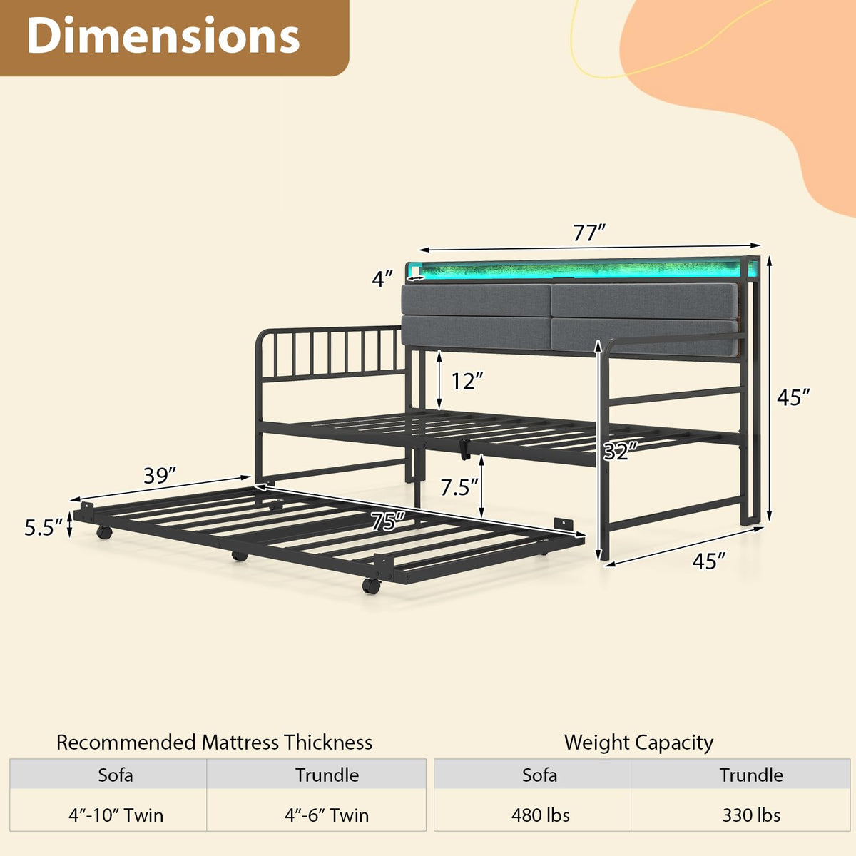 Twin Size Metal Daybed with Trundle and LED Light I3557