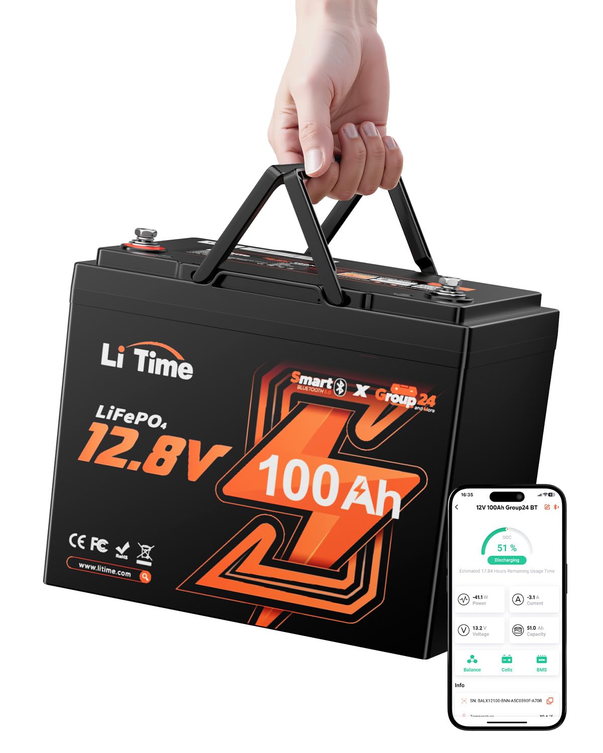 12V 100Ah Group 24 LiFePO4 Lithium Battery E53854