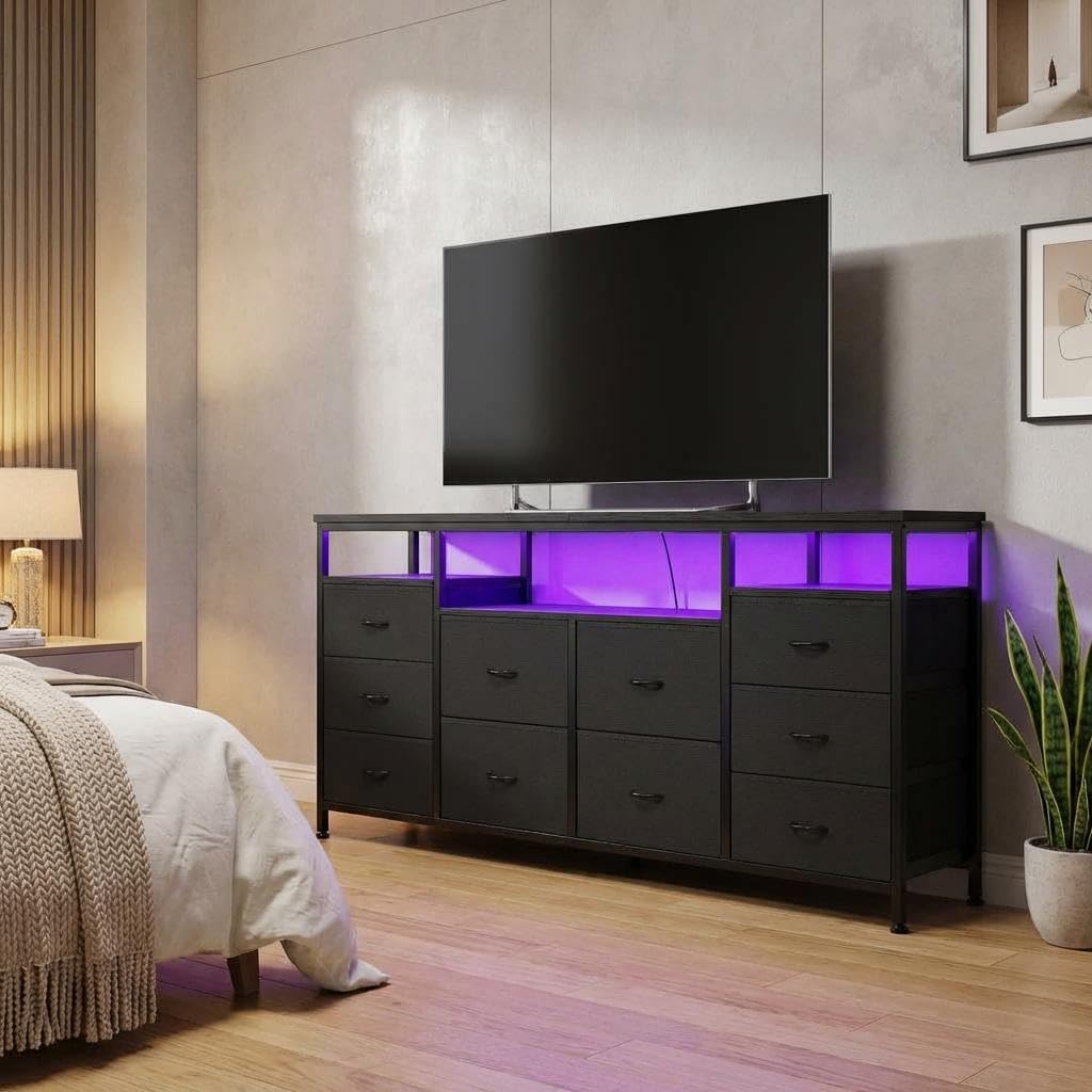 Black 10 Fabric Drawer Dresser with LED Lights & Power Outlets R9001