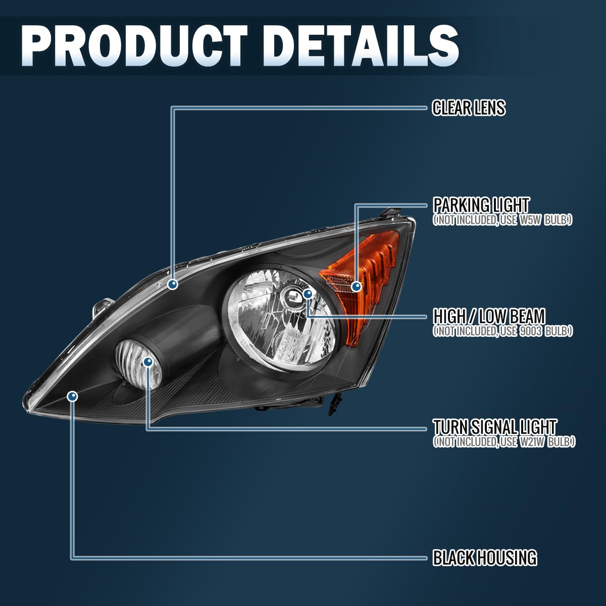 Black Halogen Headlights Pair H865