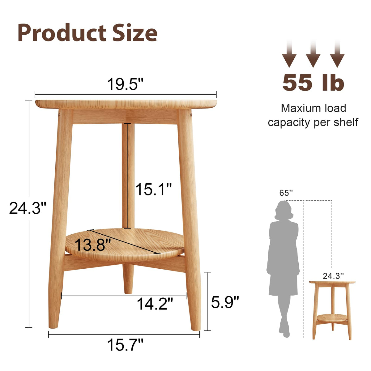 Solid Wood Round End Table with Lower Shelf Q881582