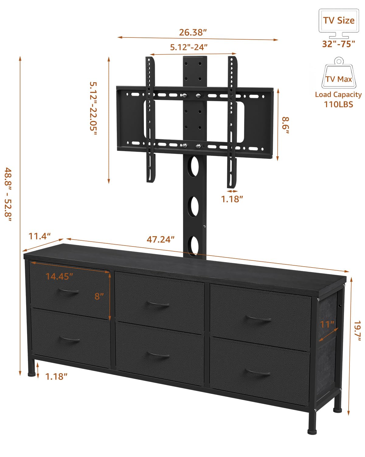 Black 6 Drawer TV Stand with Mount H6883