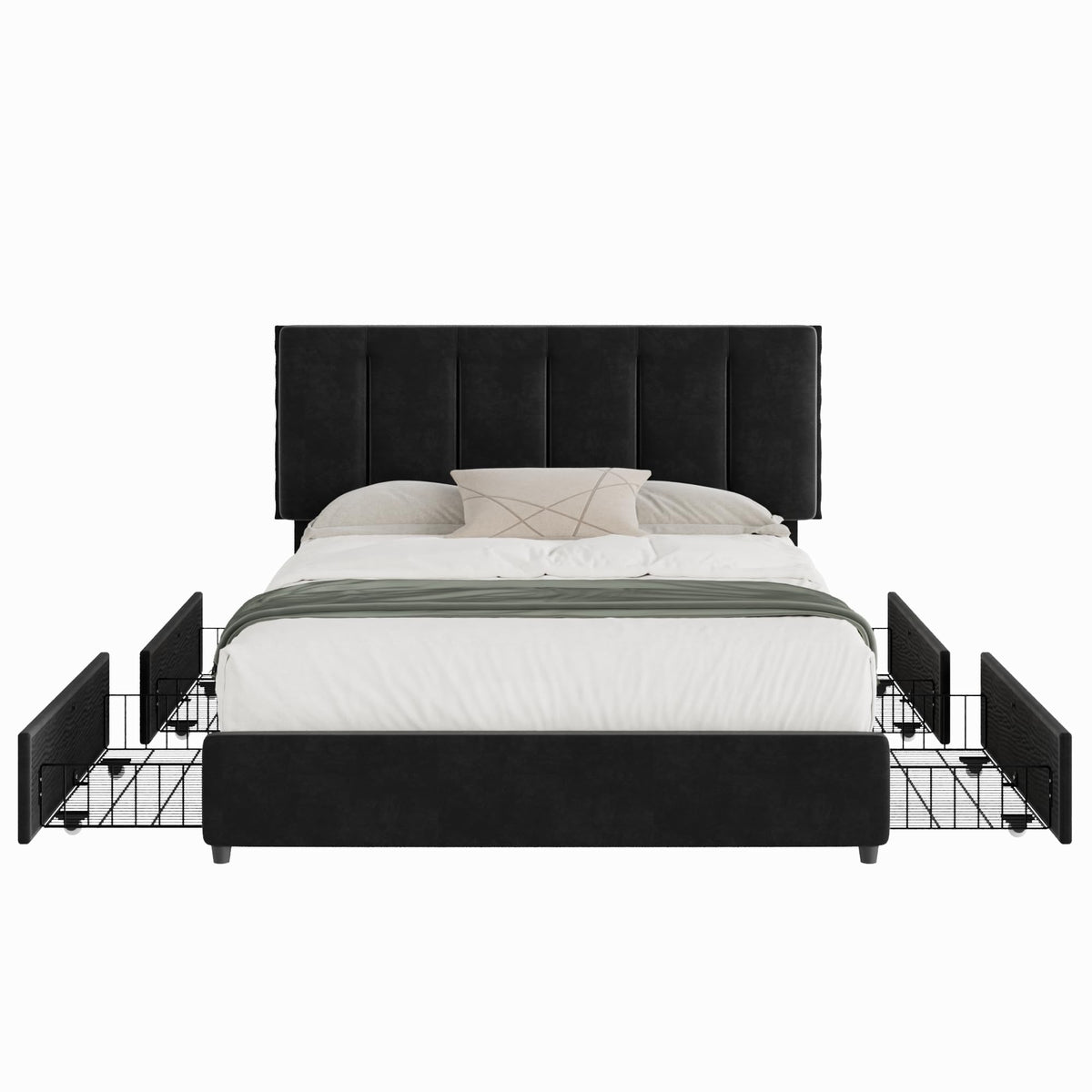 Queen Size Black Bed Frame with 4 Storage Drawers O124722