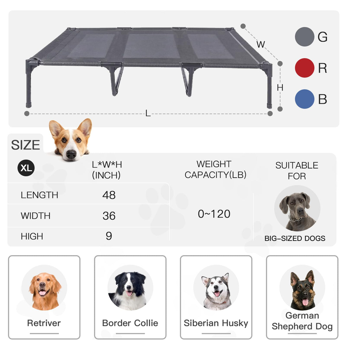 Elevated Dog Bed with Metal Frame, X-Large Grey R6544