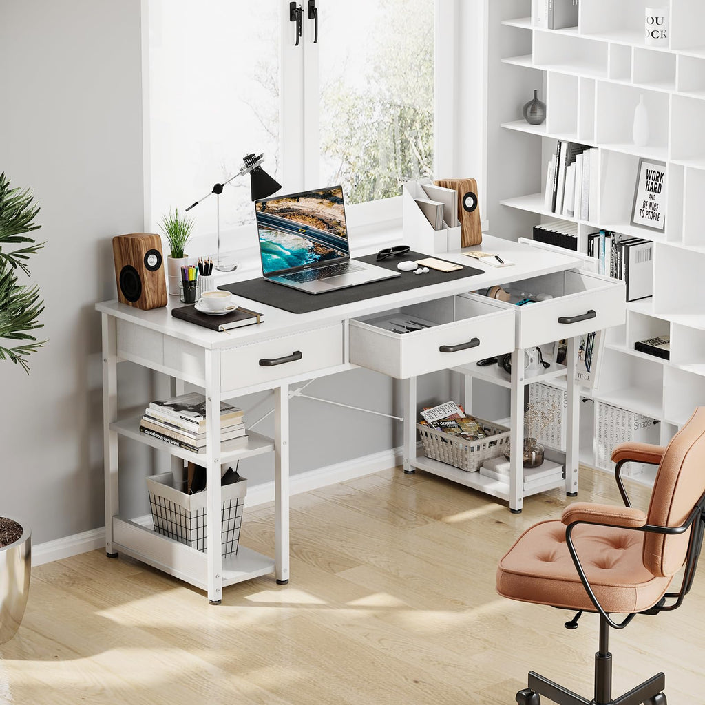 White 48" Computer Desk with Fabric Drawers and Storage Shelves X6652