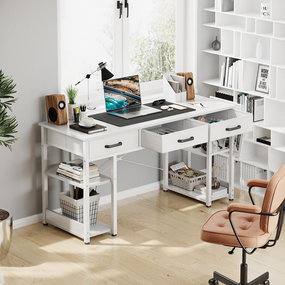 White 48" Computer Desk with Fabric Drawers and Storage Shelves X6652