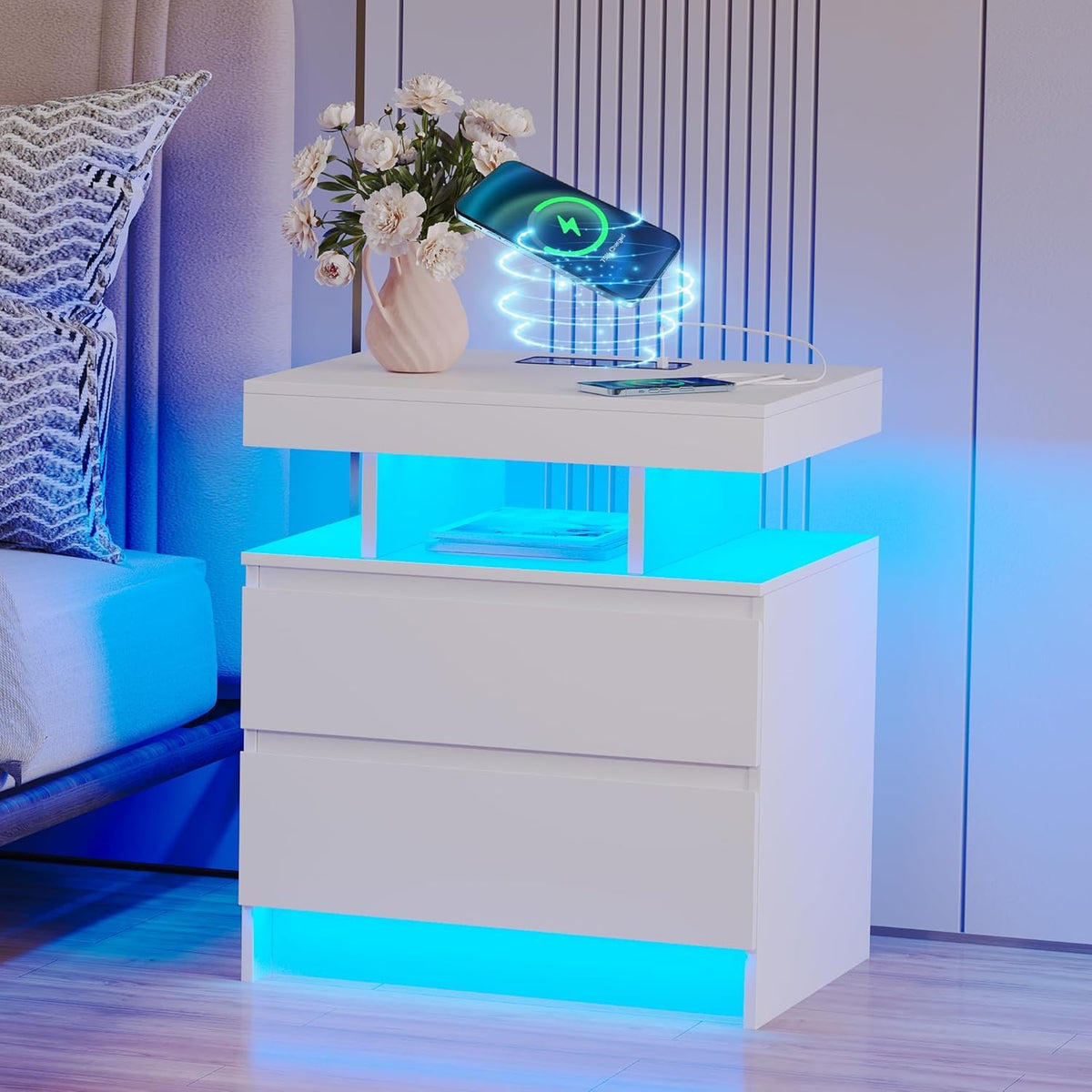 LED Nightstand with Charging Station White E21392