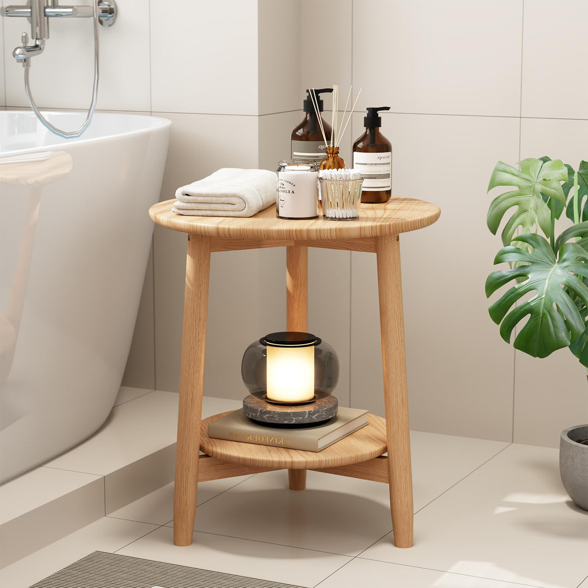 Solid Wood Round End Table with Lower Shelf Q881582
