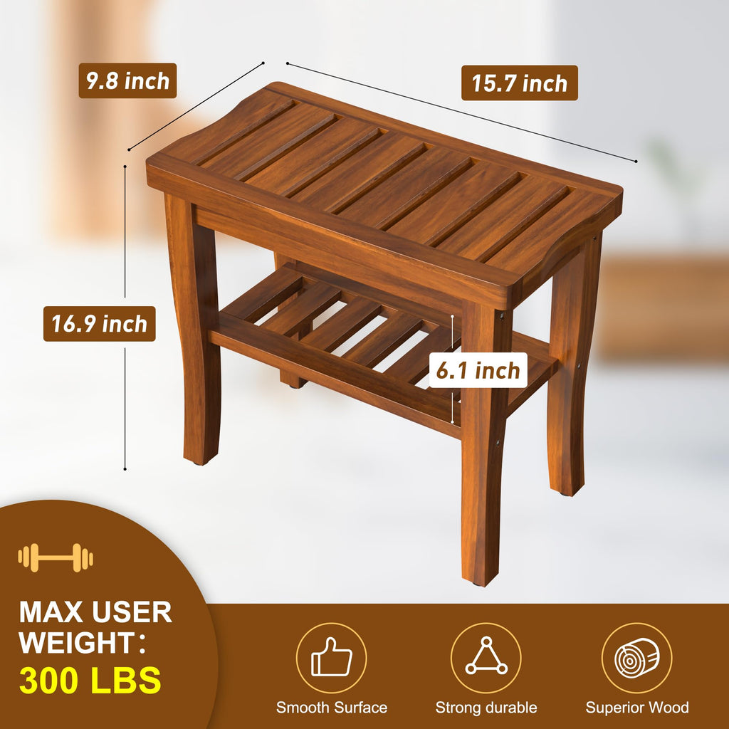 Teak Wood Shower Bench Stool with Storage Shelf I999364