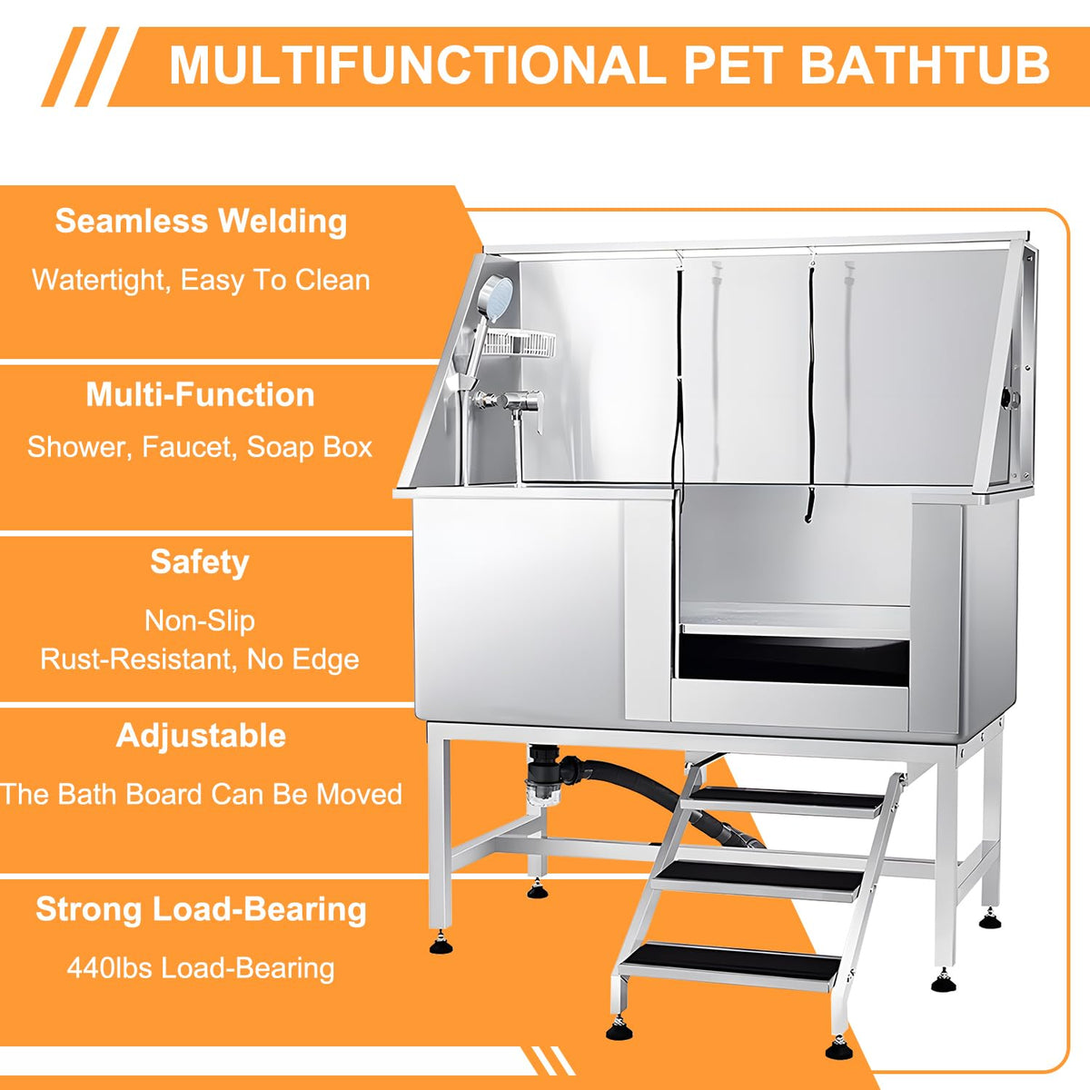 Stainless Steel 304 Dog Grooming Tub with Stairs and Faucet R10274