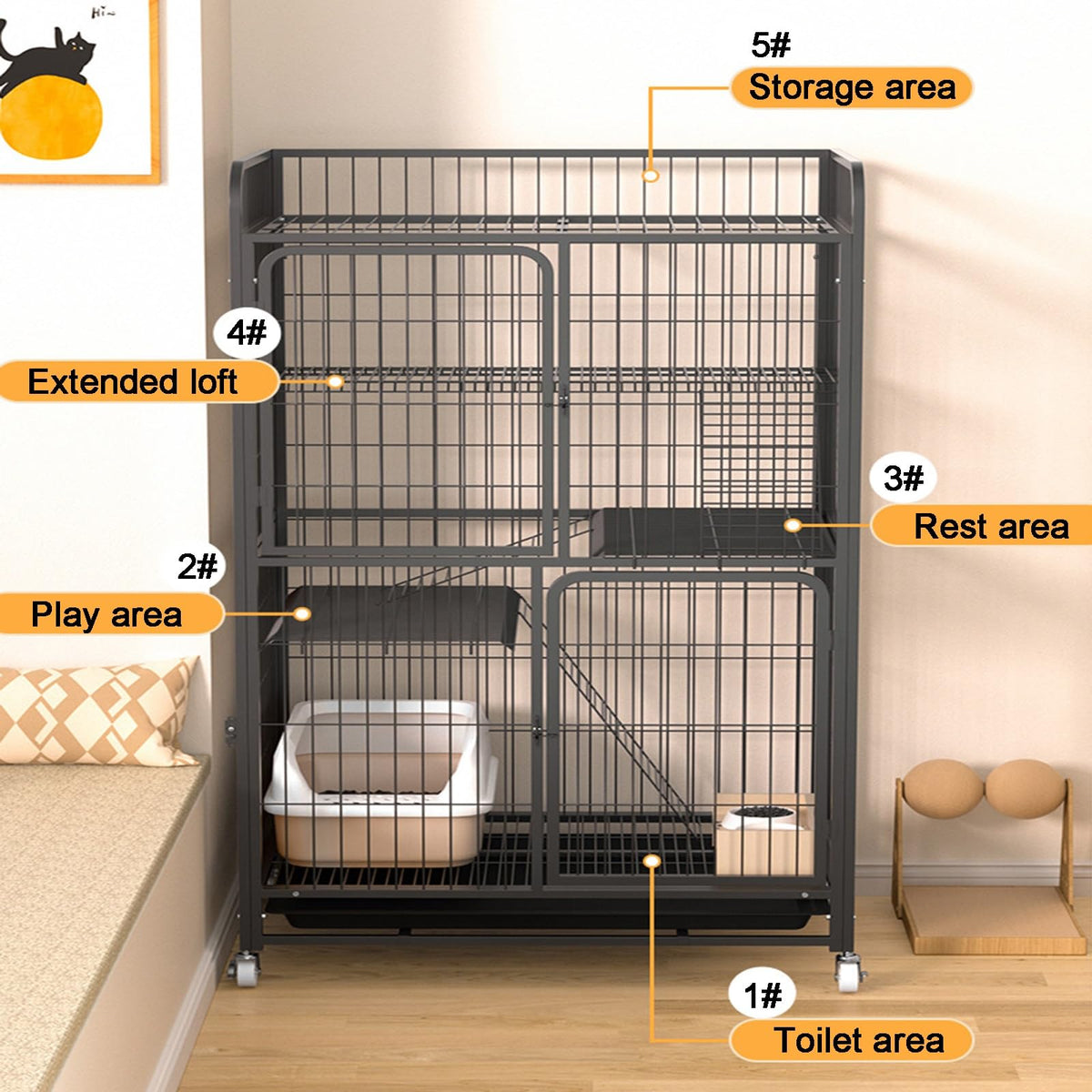 4 Tiers Metal Wire Cat Cage with Wheels Y767
