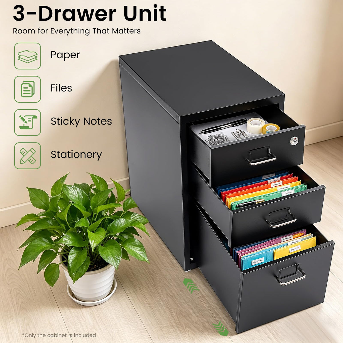 Black 3-Drawer Metal File Cabinet J597