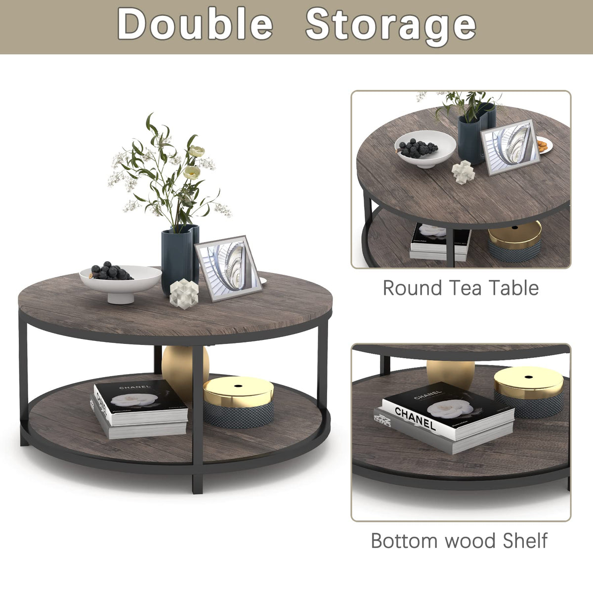 Round 2-Tier Wood Coffee Table with Storage Shelf G119