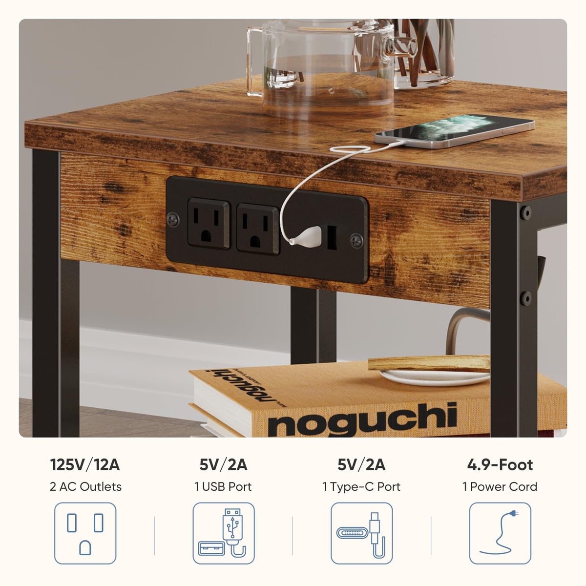 Nightstand with Charging Station, 3-Tier Bedside Table H683