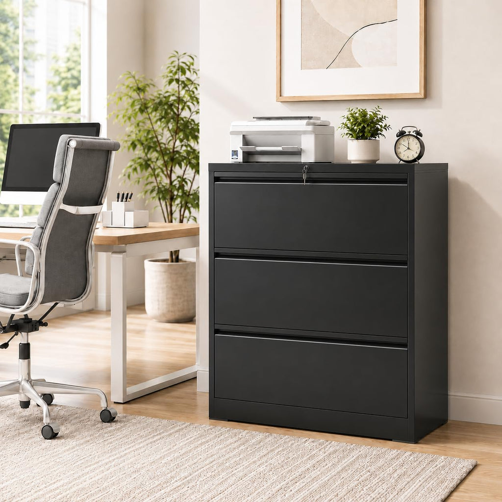 Black 3 Drawer Metal File Cabinet with Lock B8092