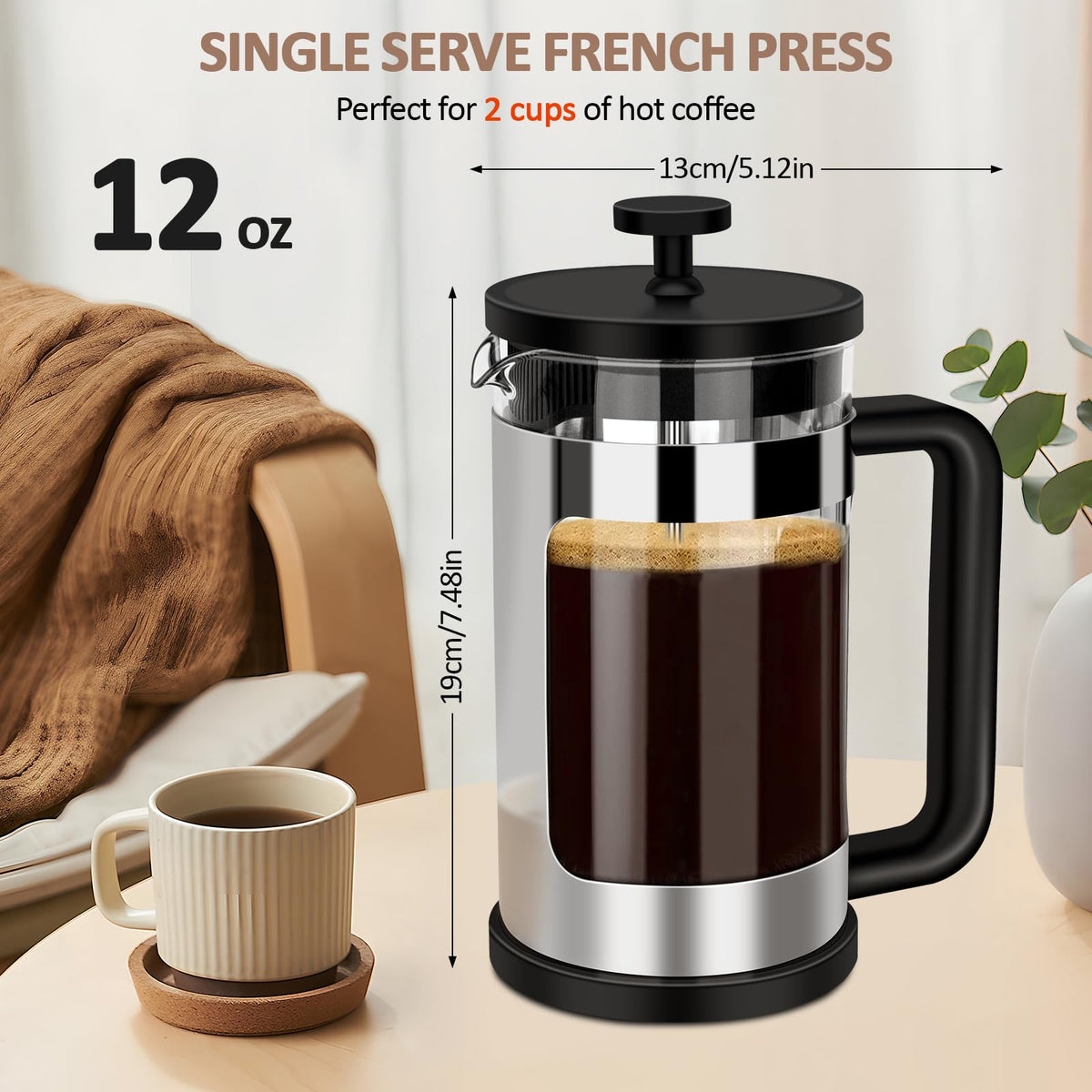 French Press Coffee Maker 12 Oz Borosilicate Glass L883