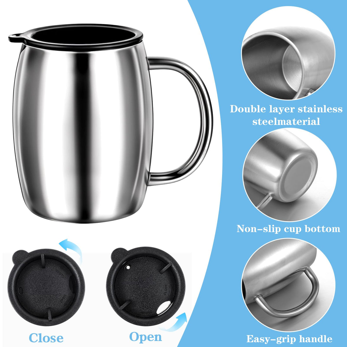 3 Pack 14 oz Insulated Stainless Steel Coffee Mug with Lid and Handle P746