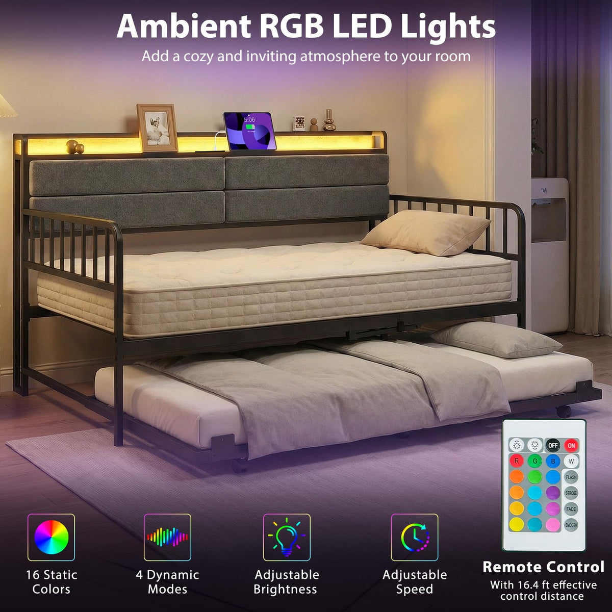 Twin Size Metal Daybed with Trundle and LED Light I3557